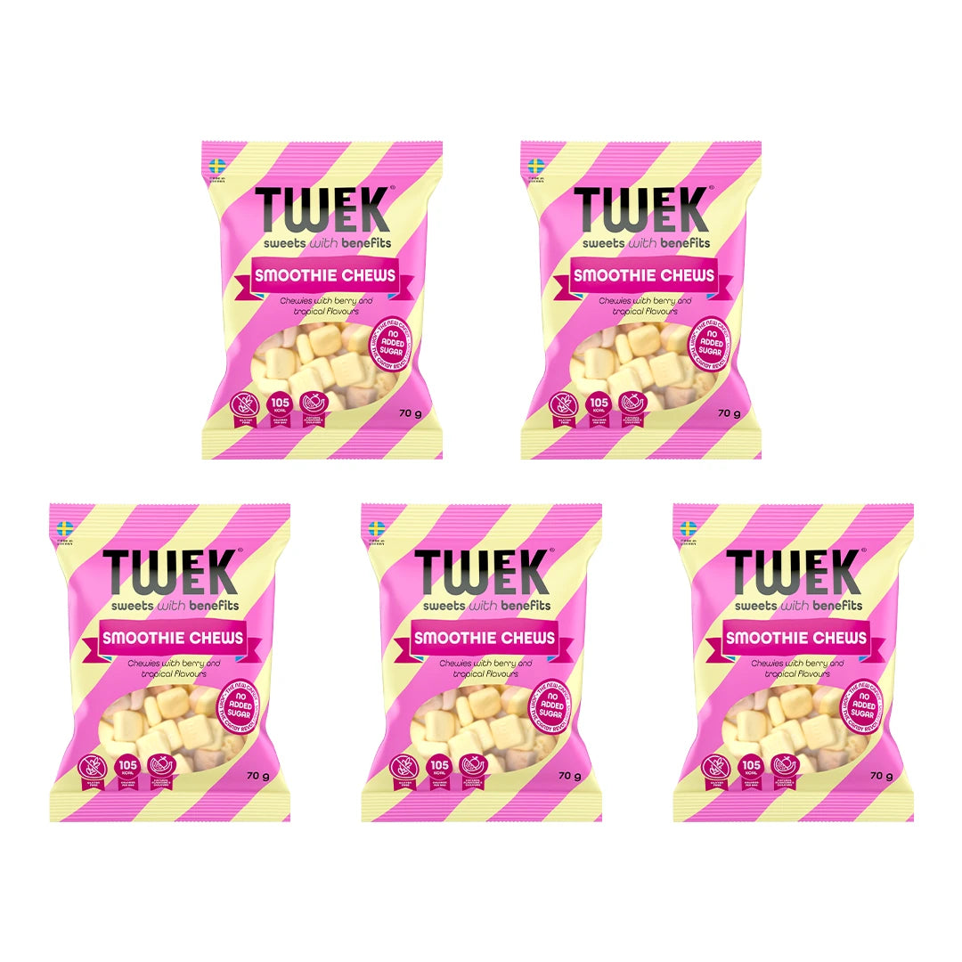 5 x Tweek Sweets 70 g Smoothie Chews vaaleanpunaisissa ja keltaisissa raidallisissa pusseissa, joissa on ikkuna, joka näyttää makeiset., kuva 1/1