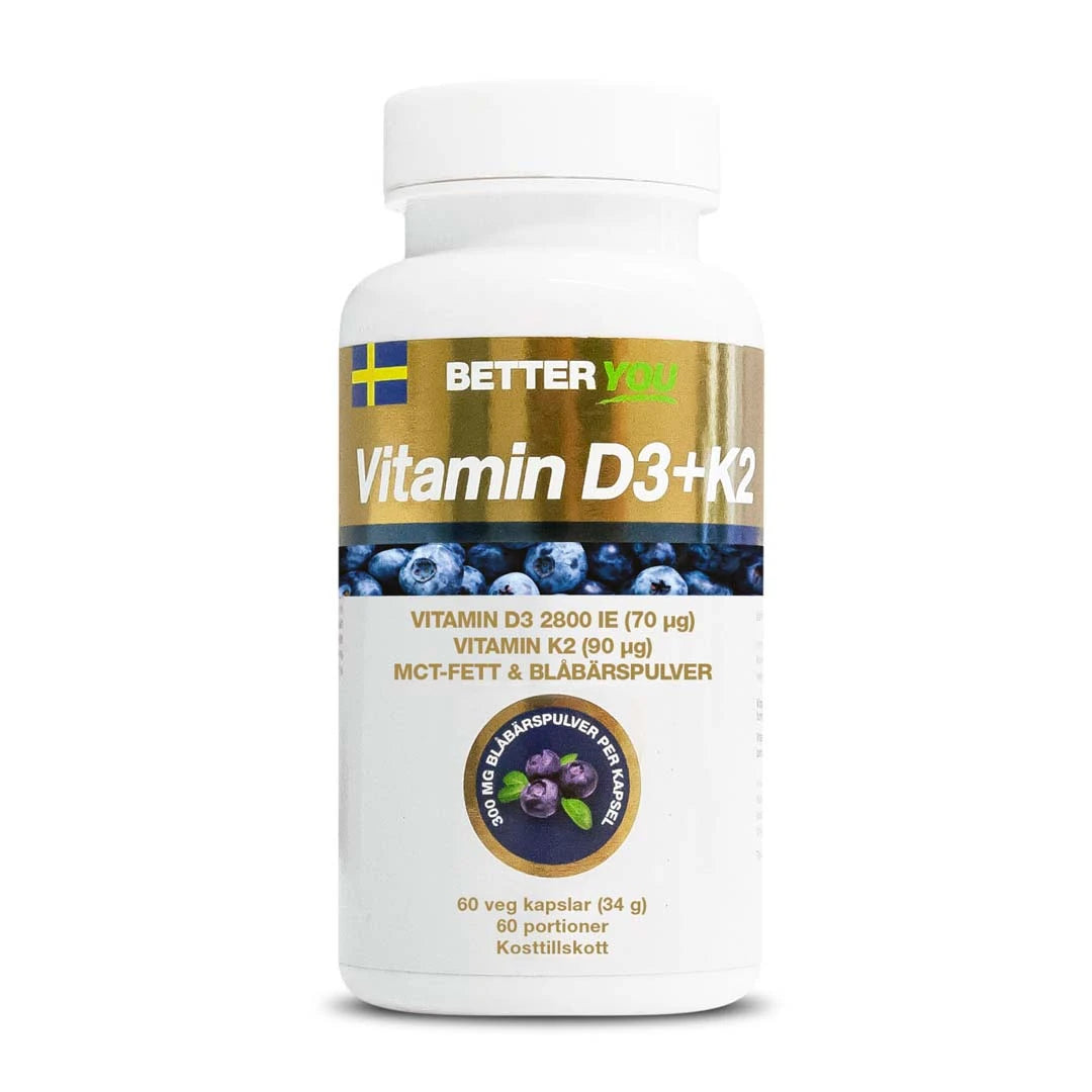 Better You Vitamin D3+K2 60 caps immuunijärjestelmälle, pakattuna valkoiseen purkkiin, jossa on mustikkakuvio ja kultaisia yksityiskohtia., kuva 1/1