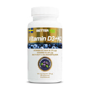 Better You Vitamin D3+K2 60 caps immuunijärjestelmälle, pakattuna valkoiseen purkkiin, jossa on mustikkakuvio ja kultaisia yksityiskohtia.