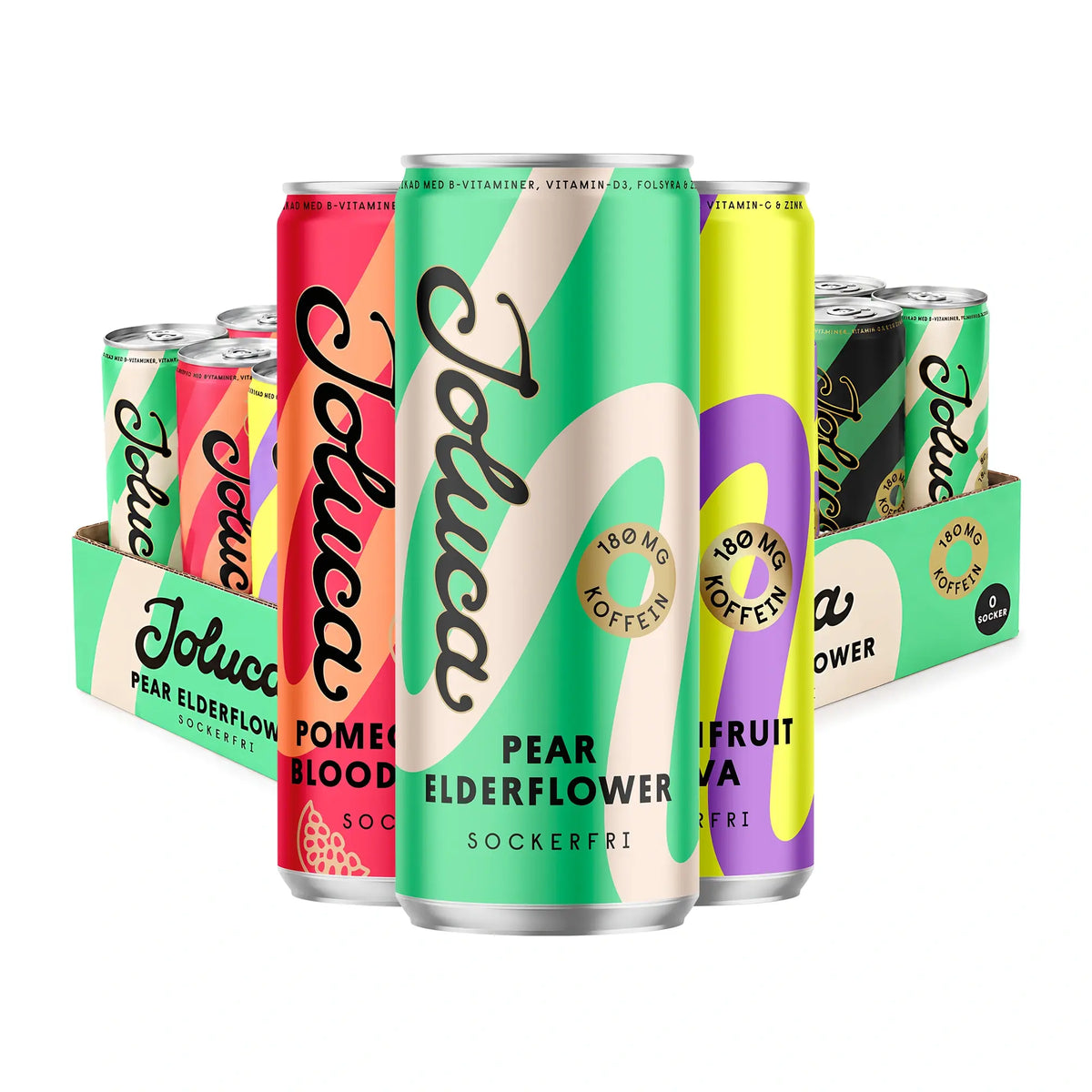 24 x Joluca Energidryck 330 ml Mixflak, jossa on eri makuisia energiajuomatölkkejä värikkäillä pastellikuvioilla., kuva 1/1