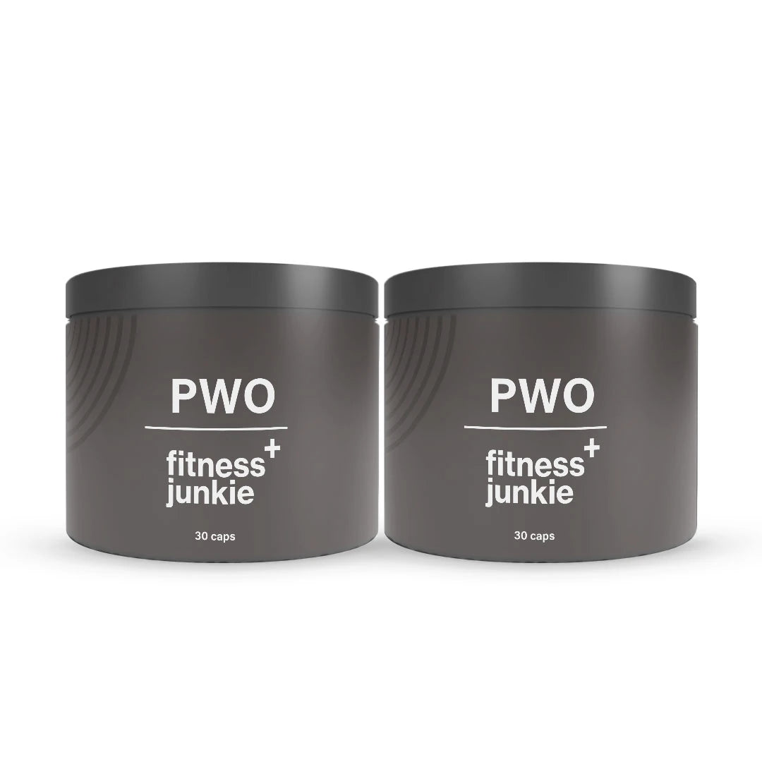 2 x fitnessjunkie PWO 30 caps i två mörkgrå burkar med vit text för prestationshöjande kapslar., bild 1 av 1