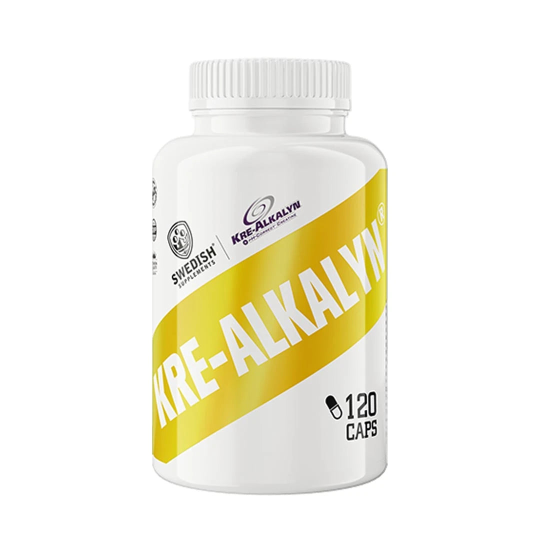 Swedish Supplements Kre-Alkalyn 120 caps kreatin i en vit burk med gula grafiska detaljer., bild 1 av 1