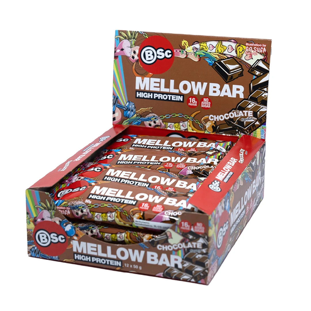 12 x BSc Mellow Bar 50 g Chocolate -proteiinipatukoita värikkäässä pahvisessa esittelylaatikossa., kuva 1/1