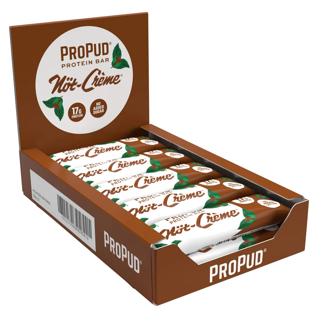 12 x NJIE Propud Proteinbar 55 g Nöt-Creme ruskeassa esittelylaatikossa, joka sisältää valko-ruskeita proteiinipatukoita., kuva 1/1