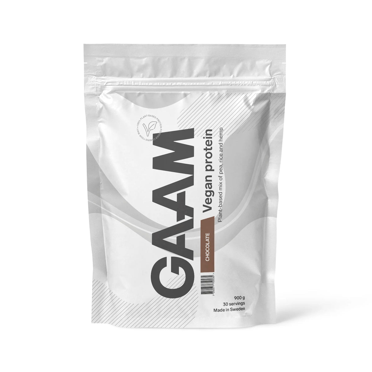 GAAM Vegan Protein 900 g -proteiinijauhe valkoisessa pussissa ruskeilla yksityiskohdilla, makuna Chocolate., kuva 1/4