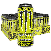 24 x Monster Energy 500 ml Lando Norris Zero Sugar keltaisessa laatikossa, joka on täynnä mustakuvioisia tölkkejä.