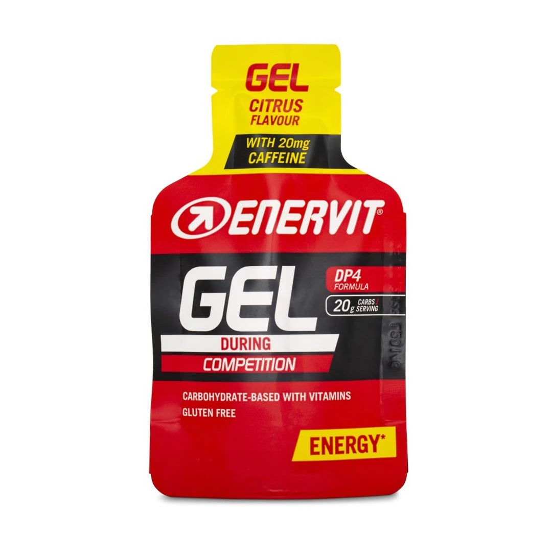 Enervit Sport Gel 25 ml -energiageeli punaisessa ja keltaisessa kerta-annospakkauksessa, makuna Citrus., kuva 2/3