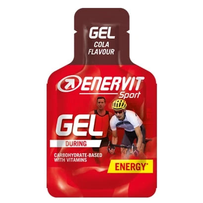 Enervit Sport Gel 25 ml -energiageeli punaisessa ja ruskeassa annospakkauksessa, makuna Cola., kuva 1/3