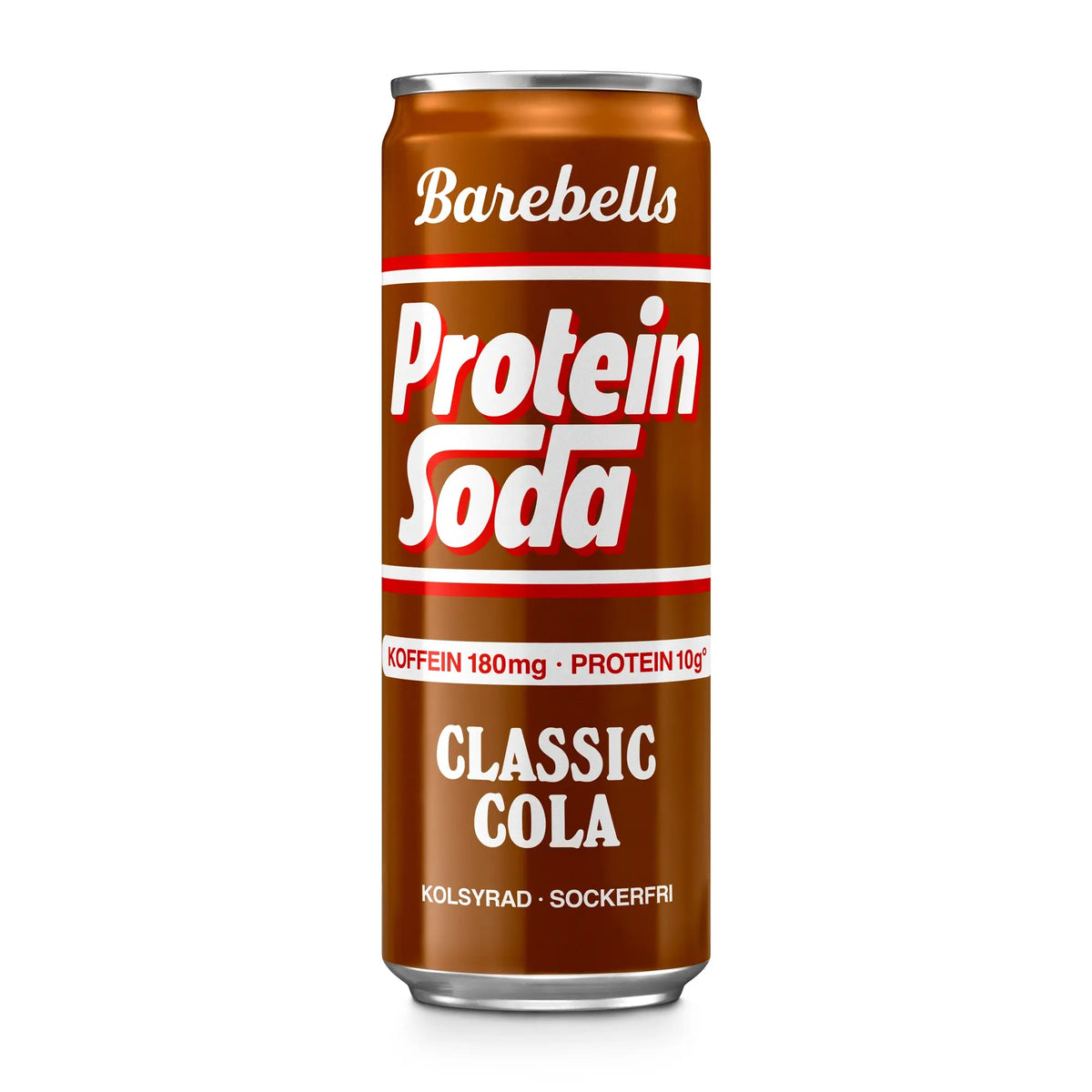Barebells Protein Soda 355 ml -proteiinijuoma ruskeassa tölkissä, makuna Classic Cola., kuva 1/3