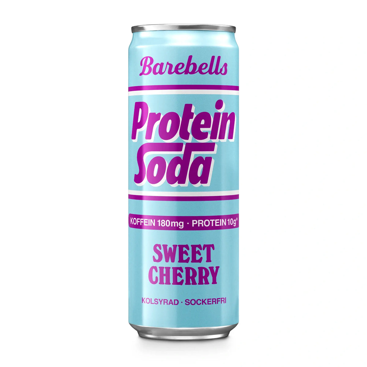 Barebells Protein Soda 355 ml -proteiinijuoma vaaleansinisessä tölkissä violeteilla yksityiskohdilla, makuna Sweet Cherry., kuva 3/3