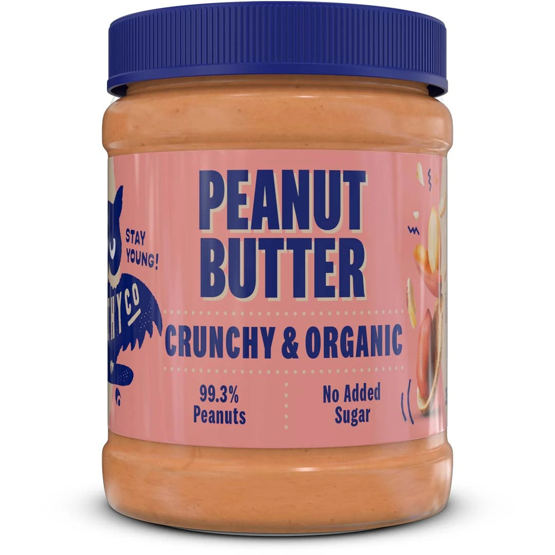 HealthyCo ECO Peanutbutter 350 g purkissa, jossa on tummansininen kansi ja vaaleanpunainen etiketti sinisellä tekstillä., kuva 1/1