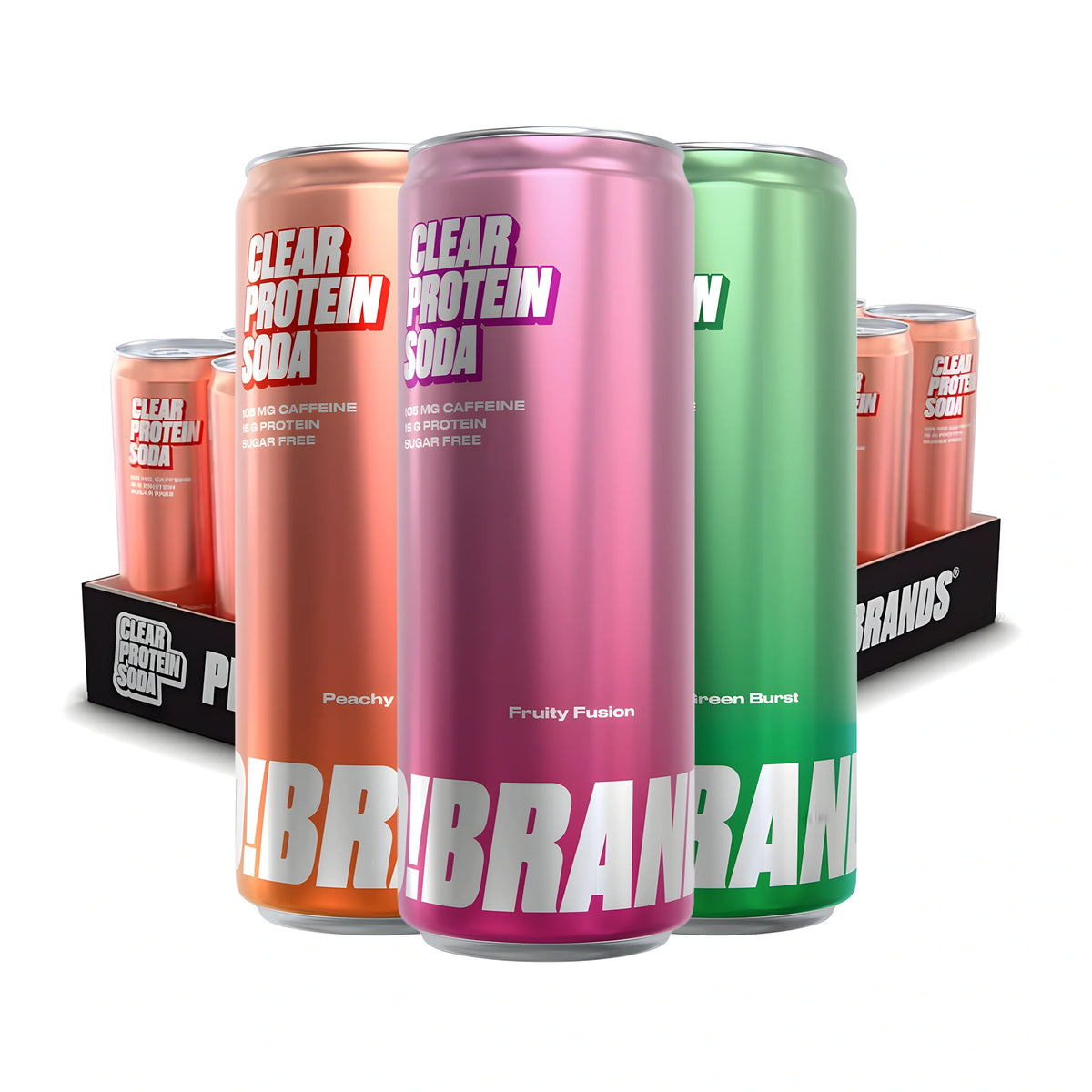 24 x Pro Brands Clear Protein Soda 330 ml Mixflak mustassa laatikossa ruusunvärisillä tölkeillä., kuva 1/1