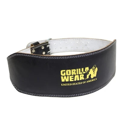Gorilla Wear Full Leather Padded Belt, musta nahkainen treenivyö leveällä selkäosalla ja kullanvärisellä logolla., kuva 3/3