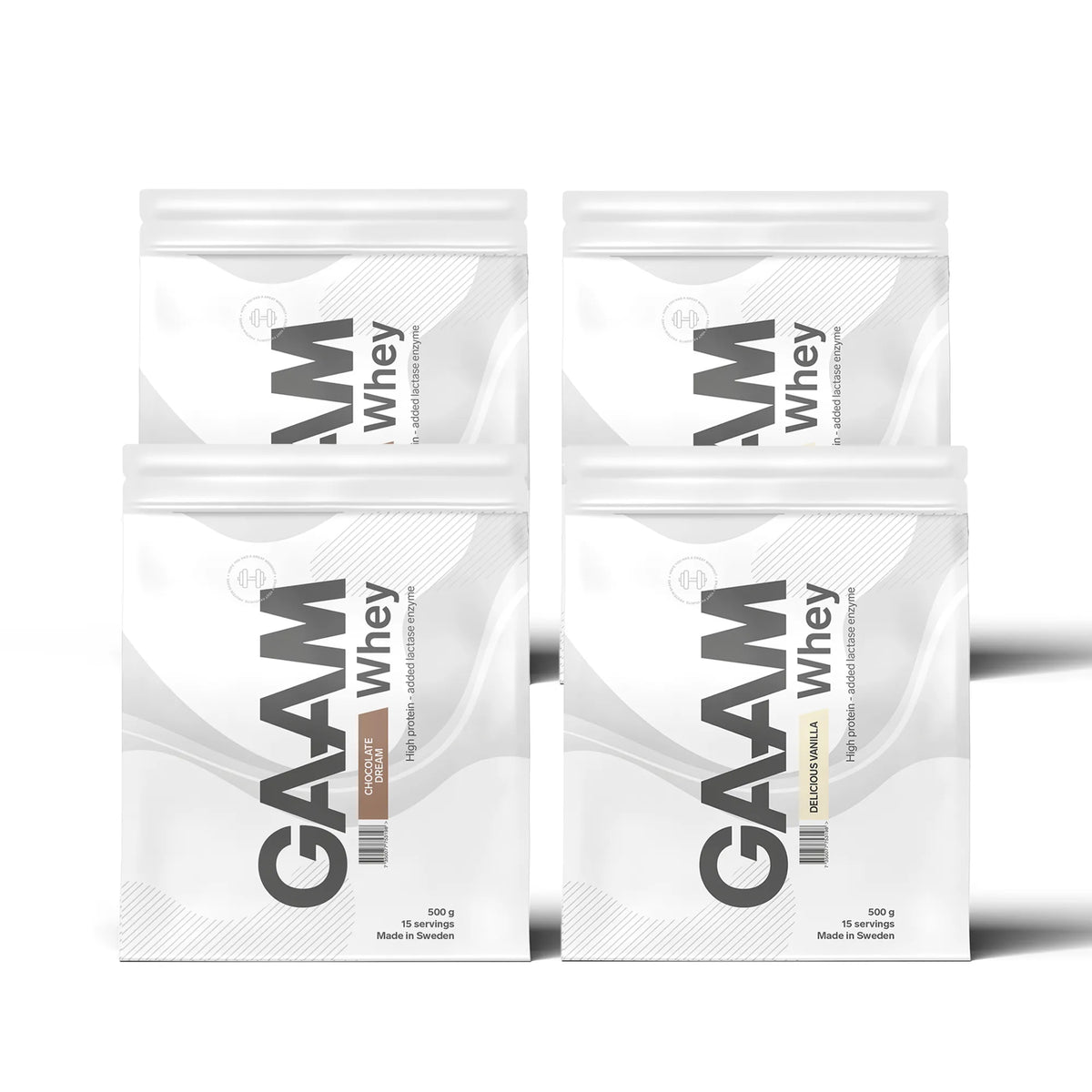 4 x GAAM Whey Proteinpulver 500 g neljässä valkoisessa pussissa, makuina Chocolate Dream ja Delicious Vanilla., kuva 1/1