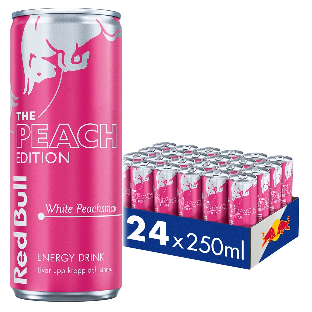 24 x Red Bull 250 ml White Peach -lava, jossa on vaaleanpunaisia tölkkejä The Peach Edition -merkinnällä., kuva 1/1