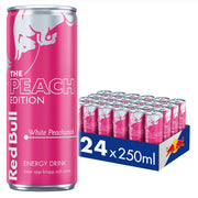 24 x Red Bull 250 ml White Peach i ett flak med rosa burkar och vita detaljer samt märkningen The Peach Edition.