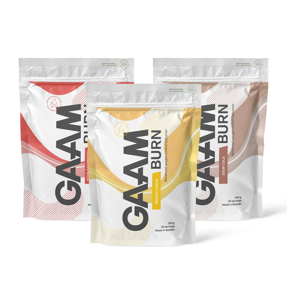 3 x GAAM Burn 240 g -rasvanpolttaja kolmessa valkoisessa pussissa punaisilla, keltaisilla ja ruskeilla yksityiskohdilla., kuva 1/1