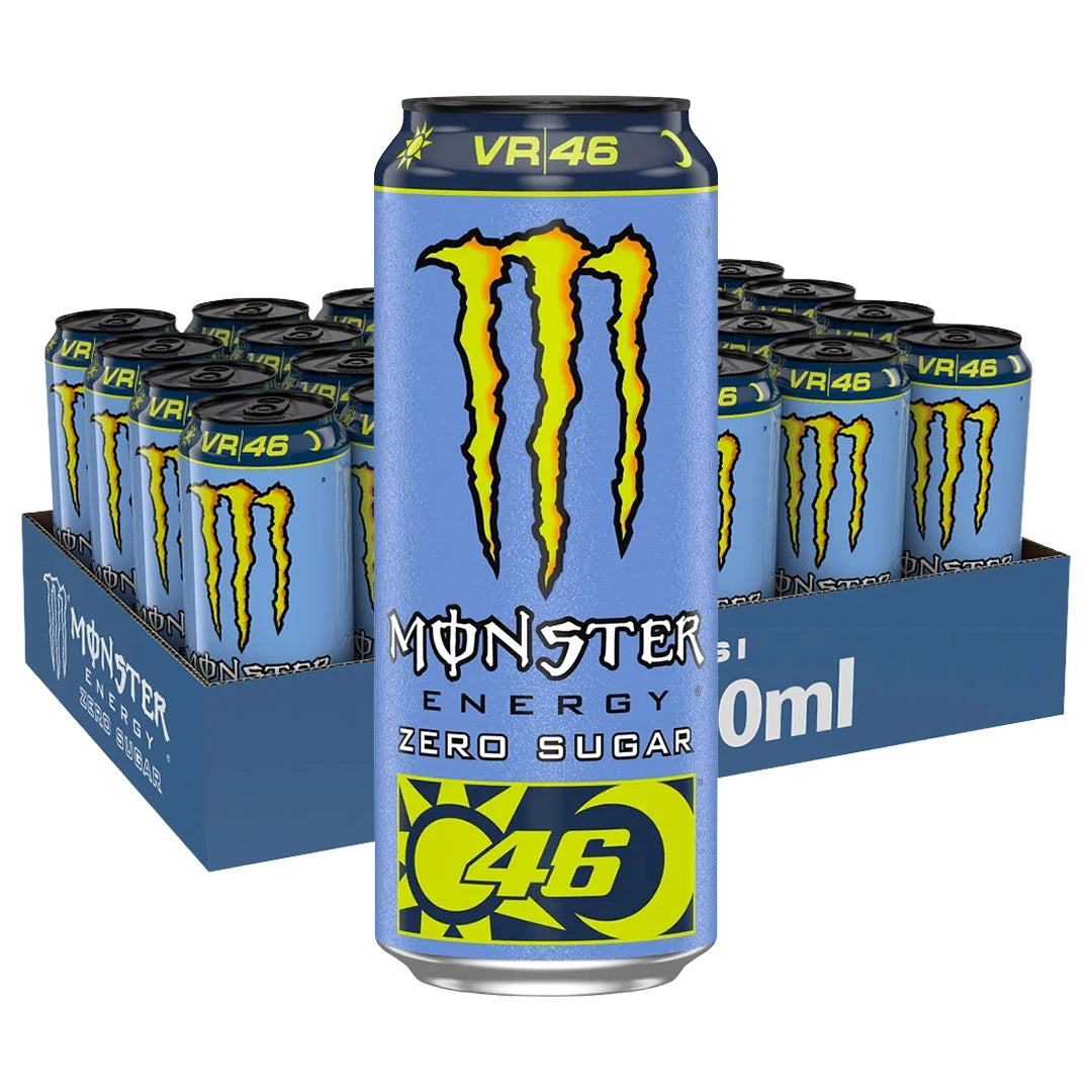 24 x Monster Energy 500 ml VR46 Zero Sugar sinisessä laatikossa, jossa on vaaleansinisiä tölkkejä ja keltainen logo., kuva 1/1