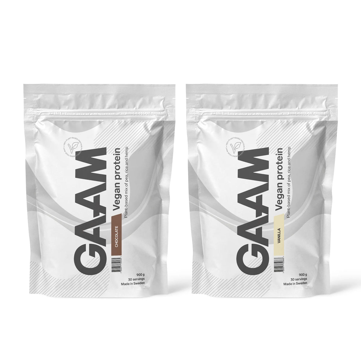 2 x GAAM Vegan Protein 900 g -vegaaninen proteiinijauhe kahdessa valkoisessa pussissa, makuina Chocolate ja Vanilla., kuva 1/1