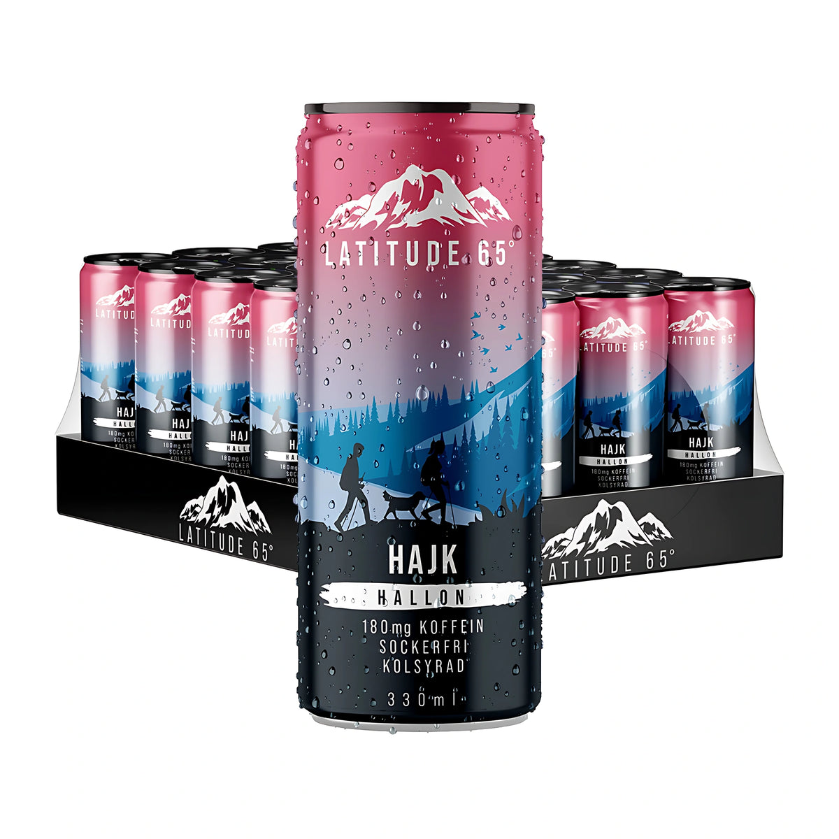24 x Latitude 65 330 ml HAJK - Vadelma kokonaisena tölkkilavana, etualalla kasteenraikas vaaleanpunainen ja musta tölkki., kuva 1/1