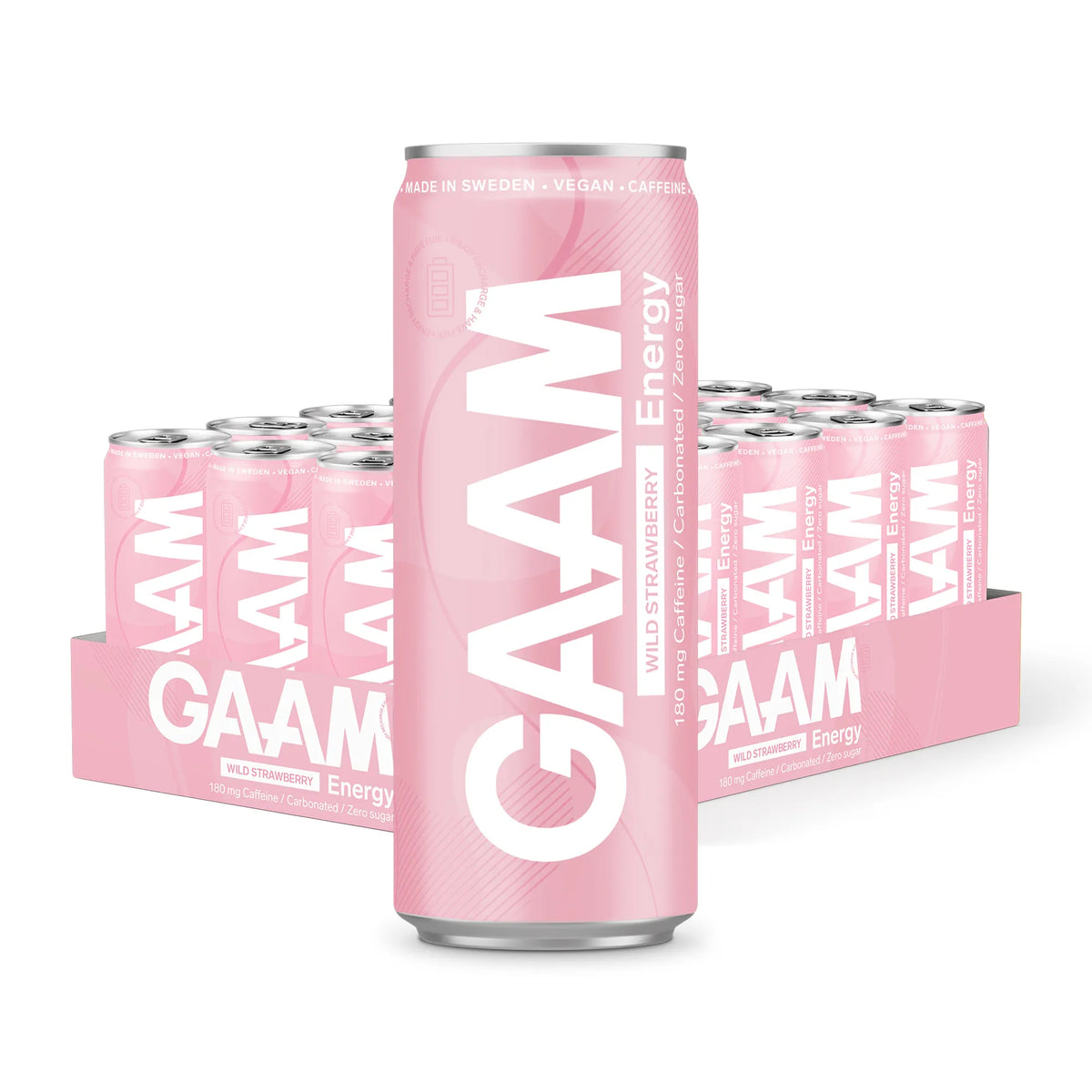 24 x GAAM Energy 330 ml Wild Strawberry -energiajuomia pinkissä laatikossa vaaleanpunaisilla tölkeillä., kuva 1/1