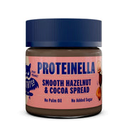 HealthyCo Proteinella 200 g -pähkinälevite maussa Hazelnut, purkissa vaaleanpunaisella etiketillä ja sinisellä kannella.