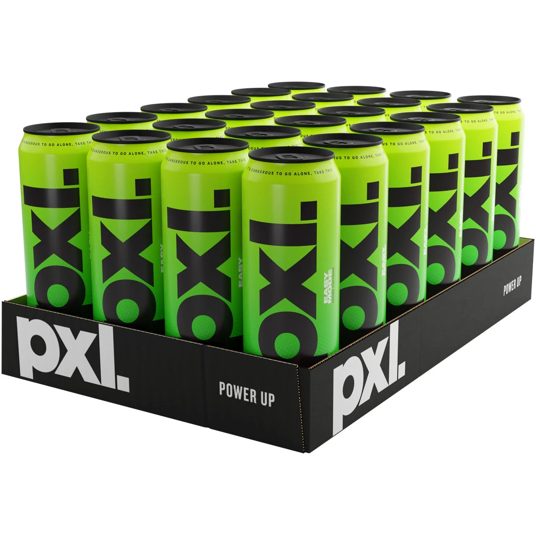 24 x PXL Energy 500 ml Easy Mode mustassa laatikossa, jossa on neonvihreitä energiajuomatölkkejä ja musta logo., kuva 1/1