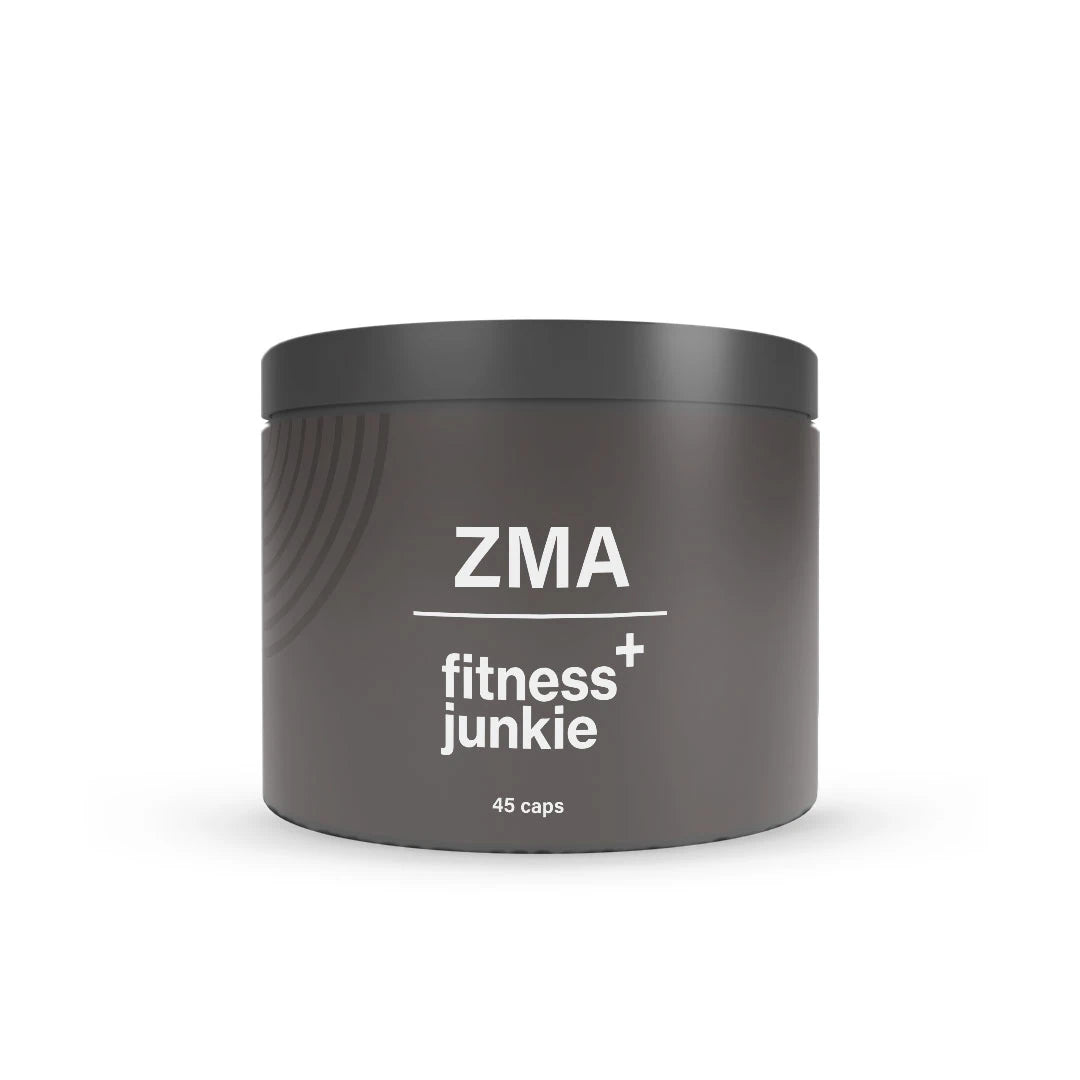 fitnessjunkie ZMA 45 caps -ravintolisä tyylikkäässä tummanharmaassa purkissa valkoisella tekstillä., kuva 1/1