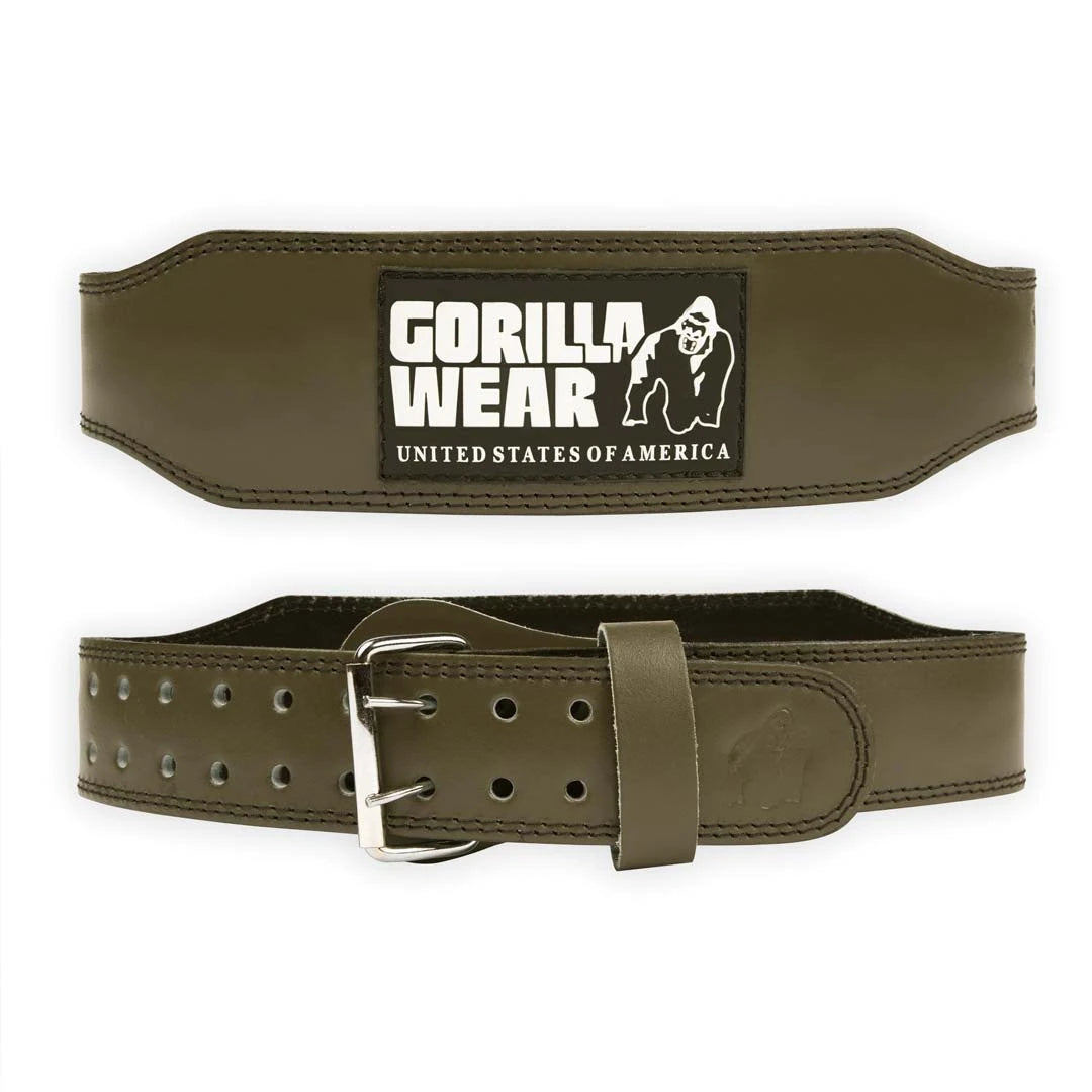 Gorilla Wear 4 Inch Padded Leather Belt Army Green, armeijanvihreä nahkainen treenivyö, jossa on musta logo ja terässolki., kuva 1/4