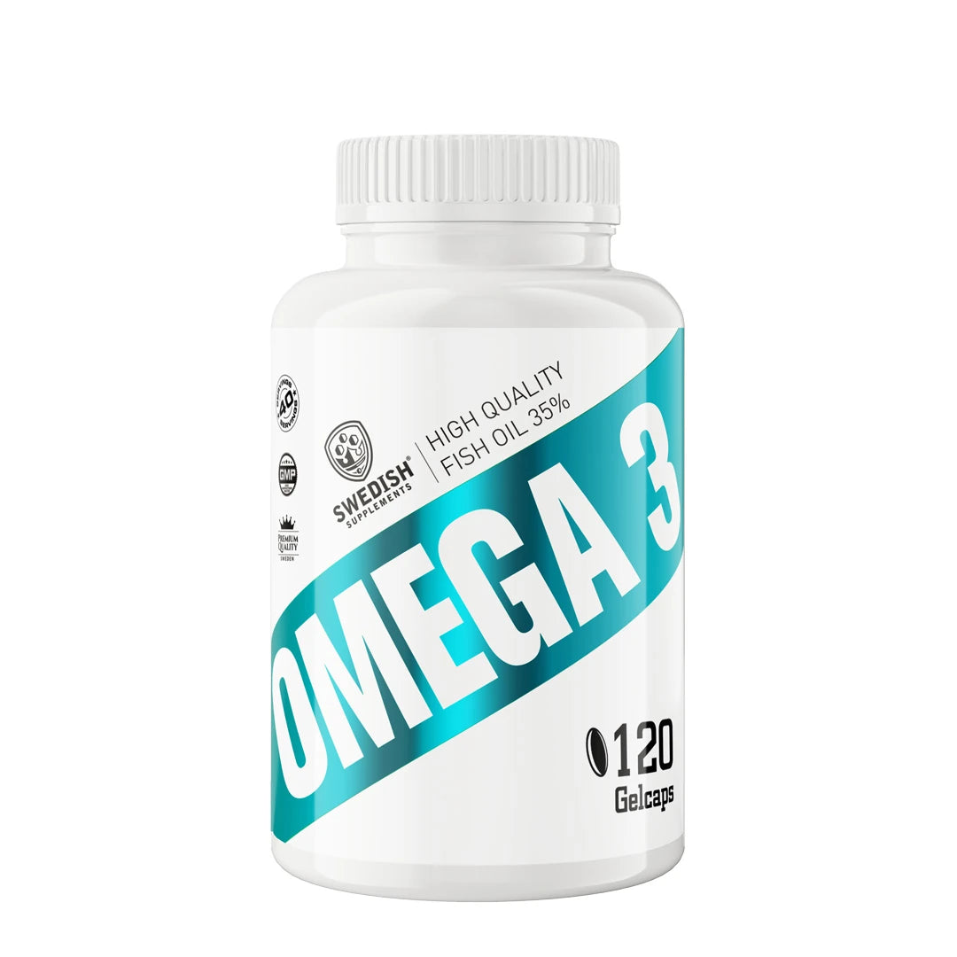 Swedish Supplements Omega 3 70% 120 caps valkoisessa purkissa, jossa on turkooseja yksityiskohtia., kuva 1/1
