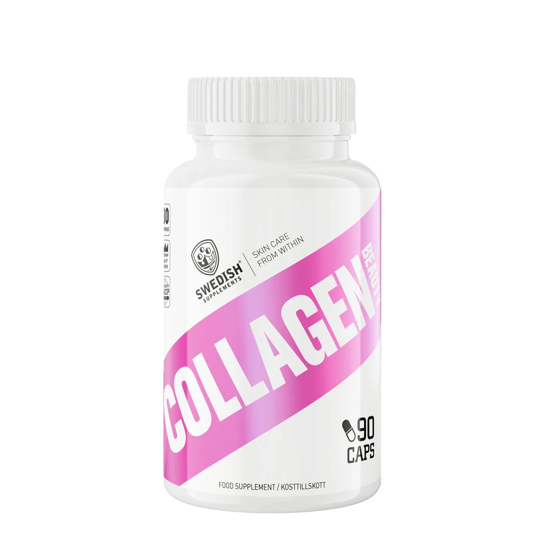 Swedish Supplements Collagen Beauty 90 caps -ravintolisä pakattuna valkoiseen purkkiin, jossa on suuria vaaleanpunaisia yksityiskohtia., kuva 1/1