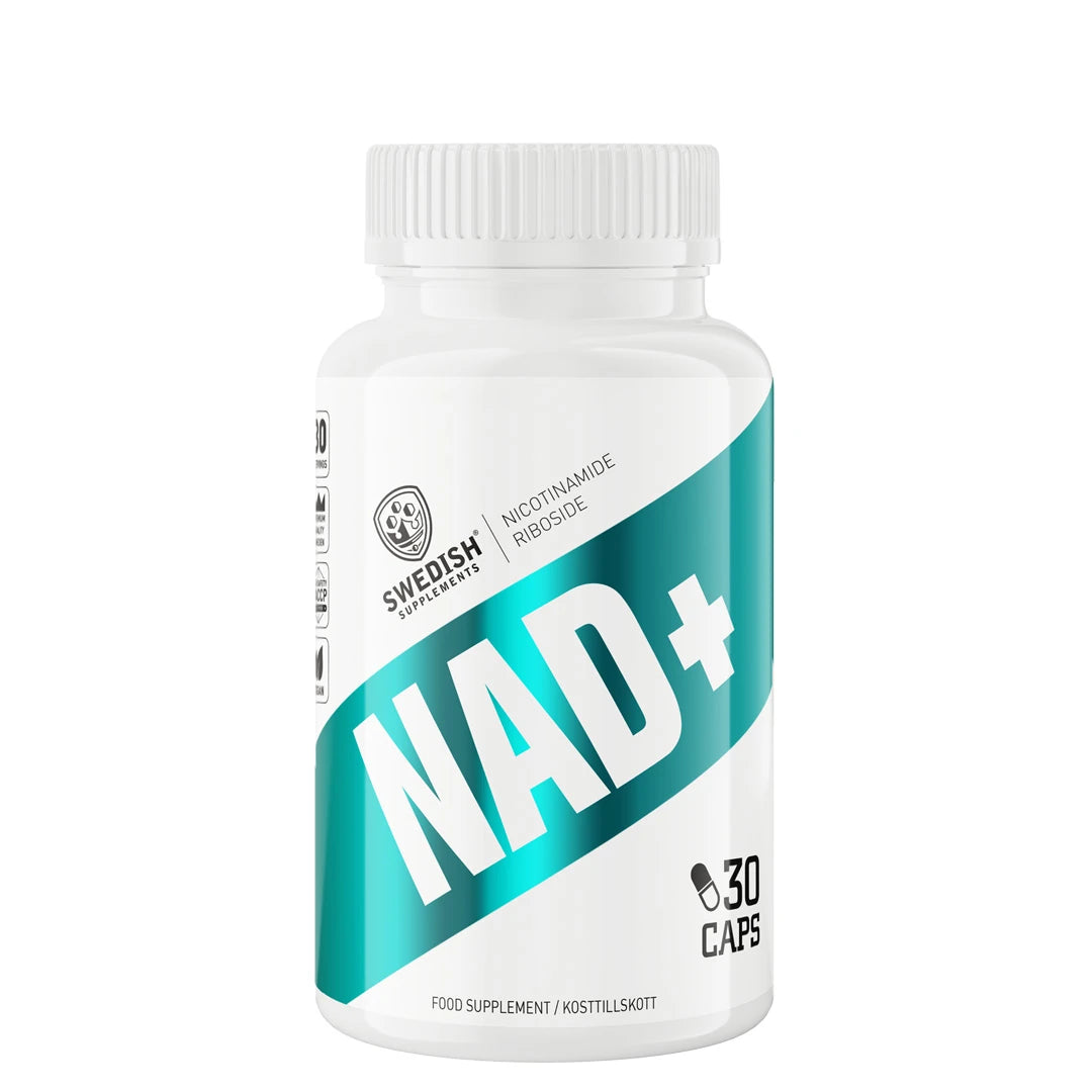 Swedish Supplements NAD+ 30 caps valkoisessa purkissa, jossa on leveä turkoosi raita ja musta teksti., kuva 1/1