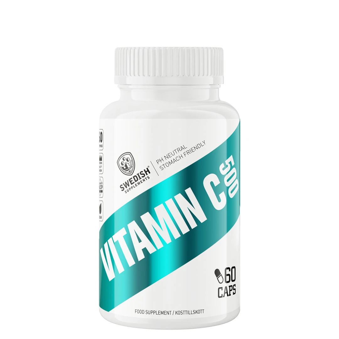Swedish Supplements Vitamin C 500 (PH neutral) 60 caps valkoisessa purkissa, jossa on leveä turkoosi raita ja musta teksti., kuva 1/1