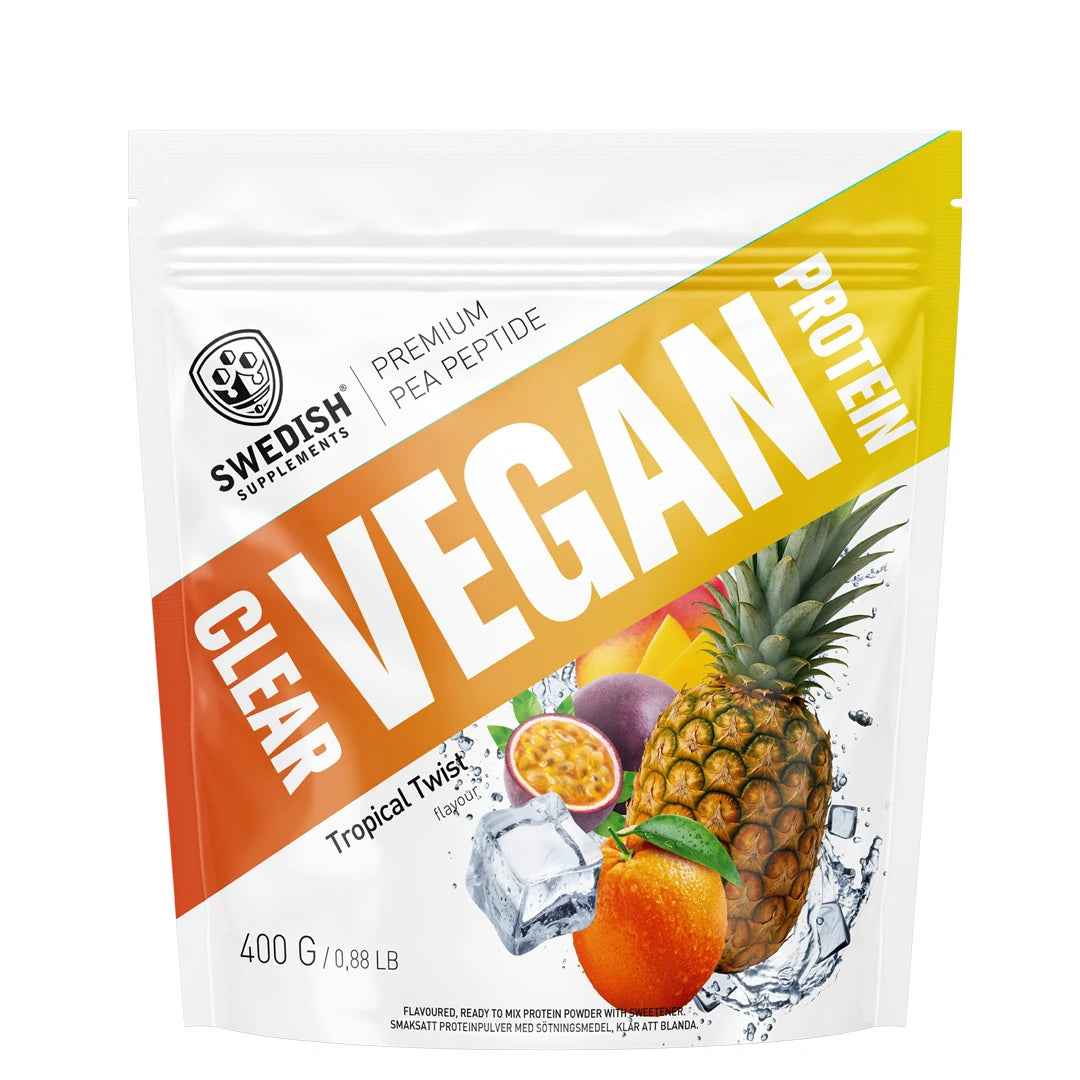 Swedish Supplements Clear Vegan Protein 400 g -vegaaninen proteiinijauhe valkoisessa pussissa oransseilla ja keltaisilla yksityiskohdilla, makuna Tropical Twist.