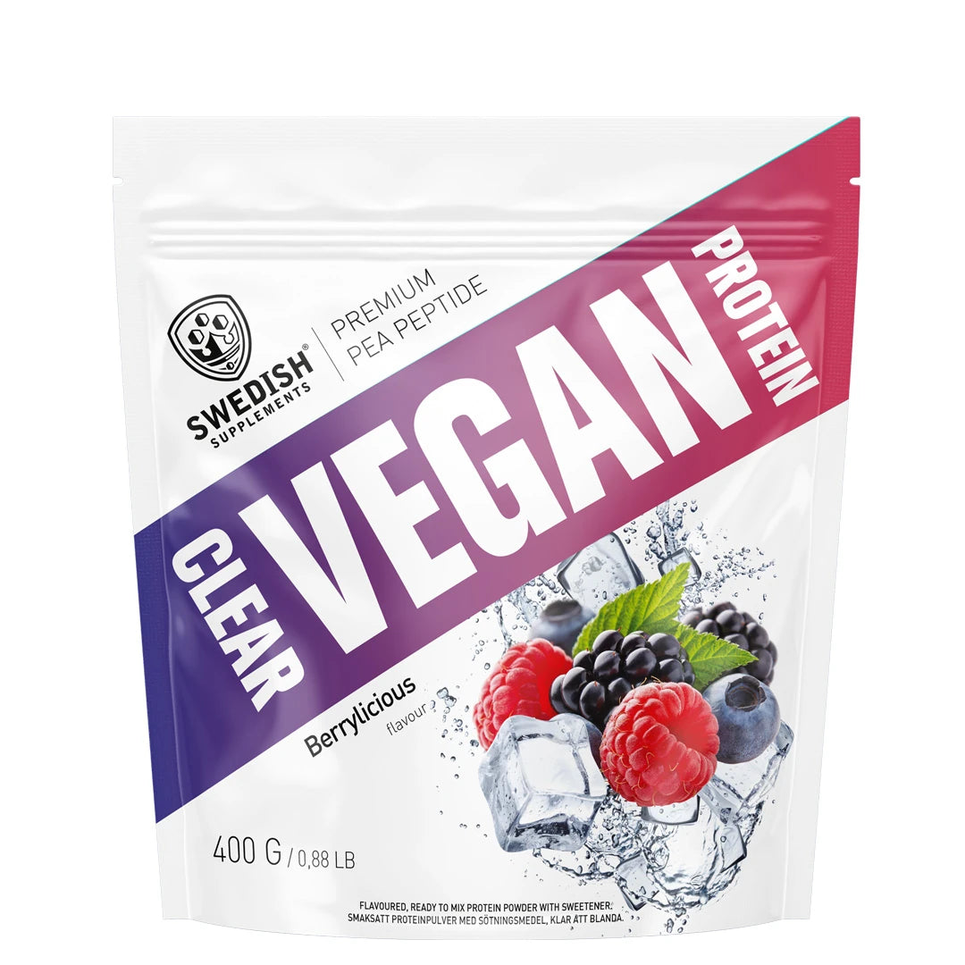 Swedish Supplements Clear Vegan Protein 400 g -vegaaninen proteiinijauhe valkoisessa pussissa violetteilla ja vaaleanpunaisilla yksityiskohdilla, makuna Berrylicious.