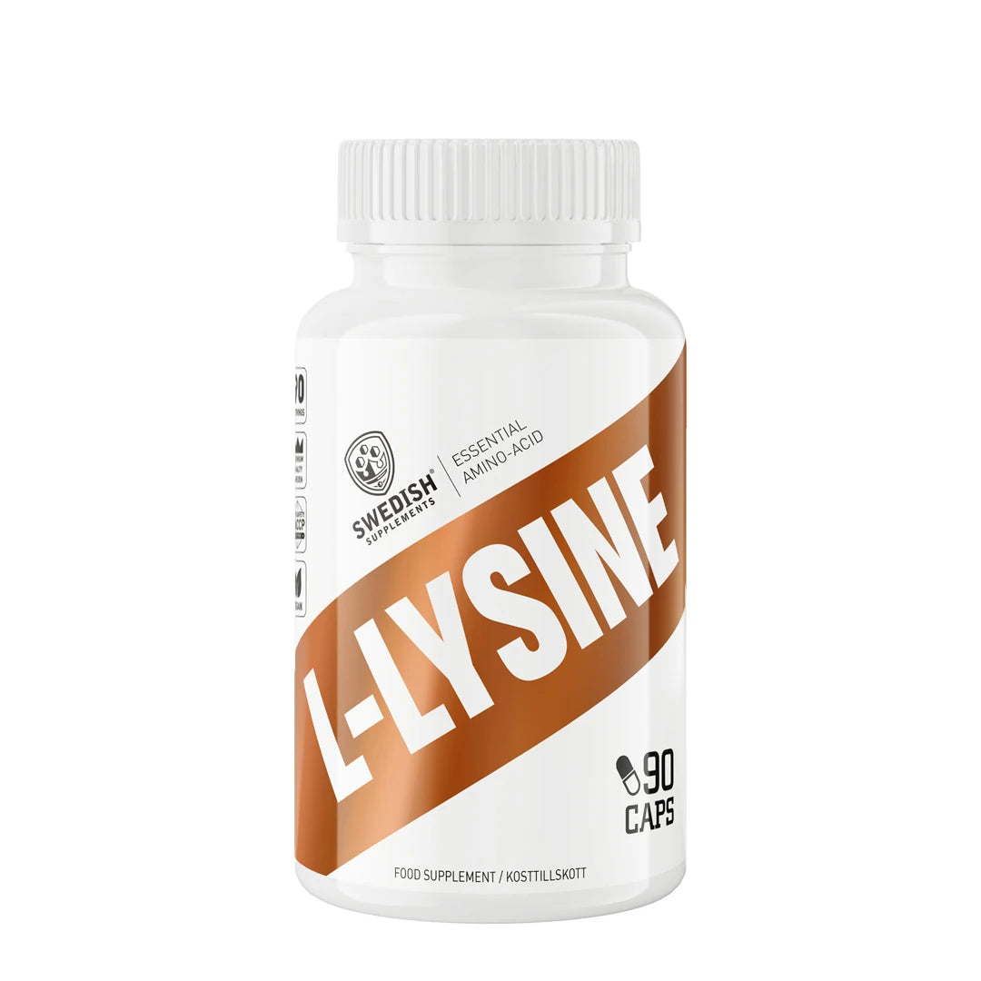 Swedish Supplements L-Lysin 90 caps pakattuna valkoiseen muovipurkkiin, jossa on ruskeita yksityiskohtia., kuva 1/1