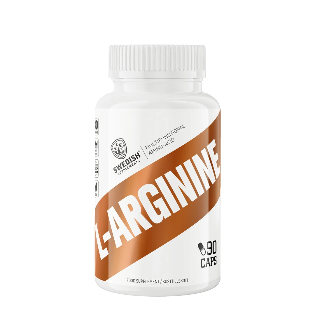 Swedish Supplements L-Arginin 90 caps -aminohappo valkoisessa muovipurkissa, jossa on ruskeita yksityiskohtia., kuva 1/1