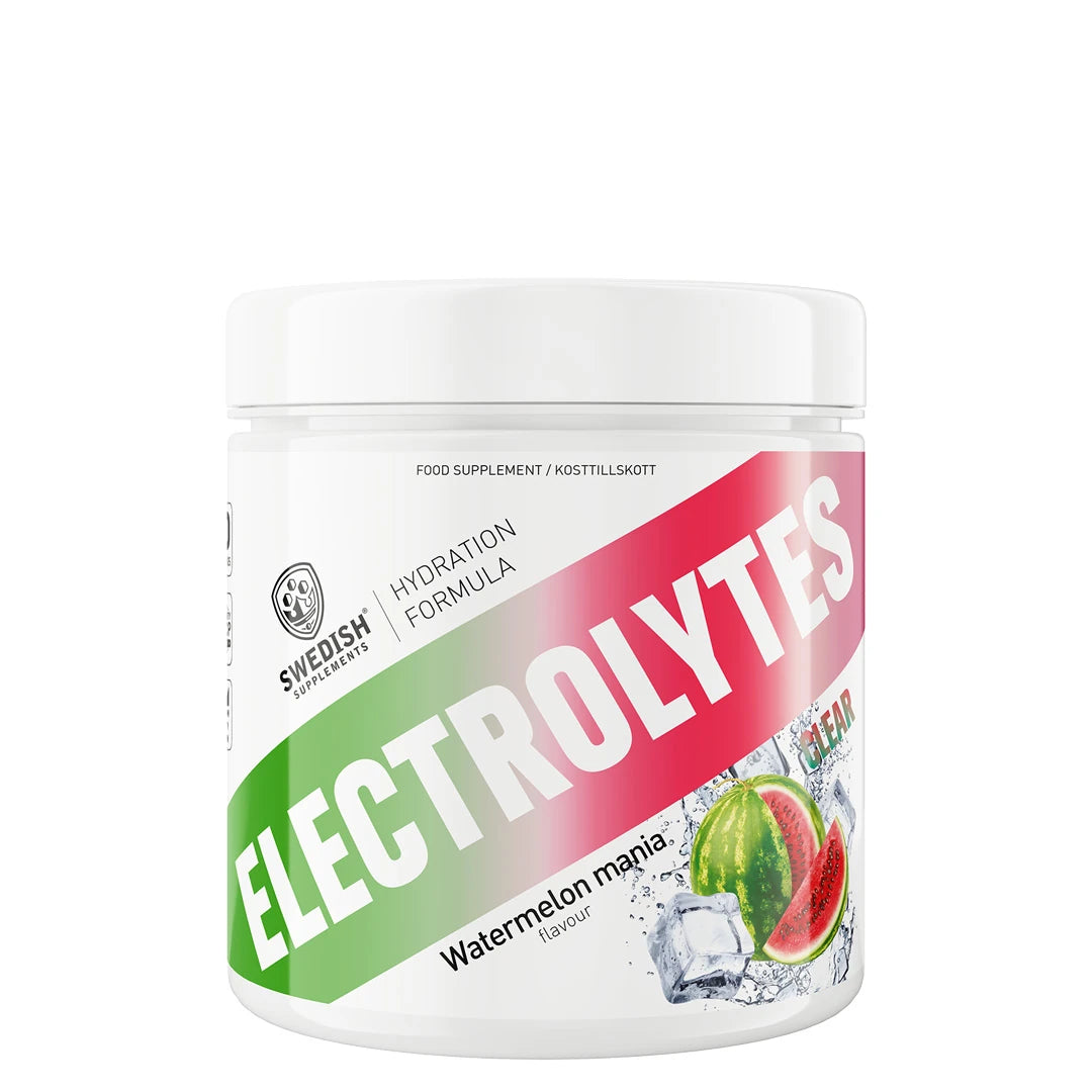 Swedish Supplements Clear Electrolytes 240 g valkoisessa purkissa vesimelonin ja jään kuvilla, makuna Watermelon Mania., kuva 1/1