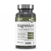 Elexir Pharma Magnesium purutabletit 120 tabs läpinäkyvässä purkissa, jossa on vihreä-valkoinen etiketti.