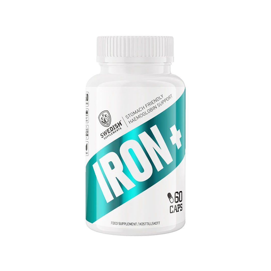 Swedish Supplements Iron Plus 60 caps valkoisessa muovipurkissa, jossa on turkooseja yksityiskohtia ja musta teksti., kuva 1/1