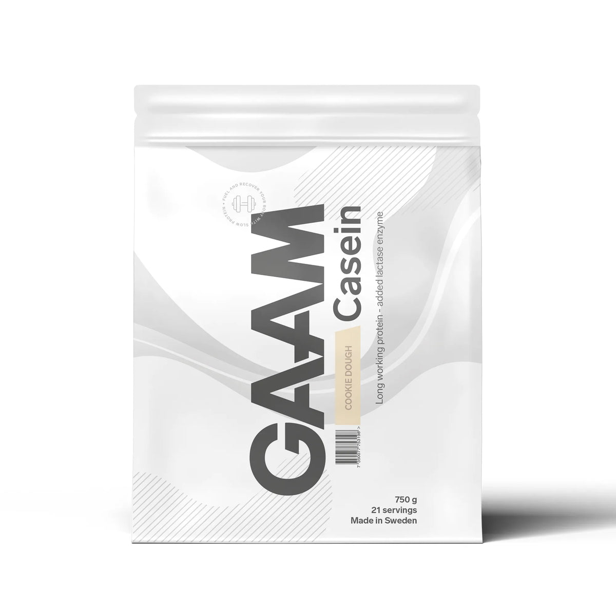 GAAM Casein 750 g -kaseiiniproteiini valkoisessa pussissa harmailla yksityiskohdilla, makuna Cookie Dough., kuva 2/9