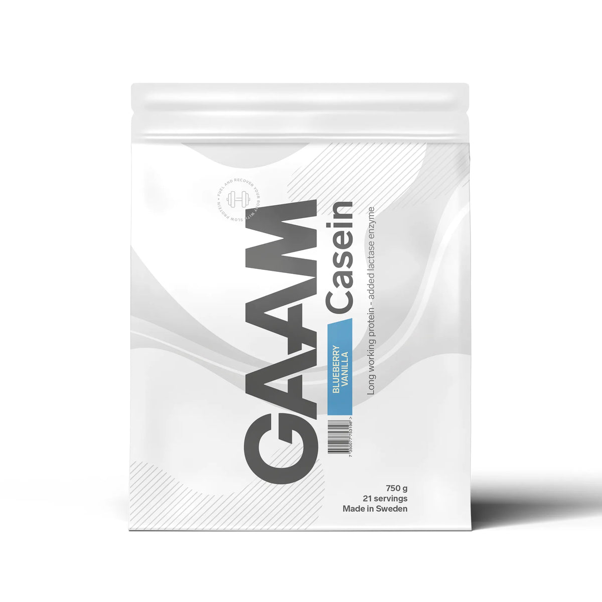 GAAM Casein 750 g -kaseiiniproteiini valkoisessa pussissa sinisillä yksityiskohdilla, makuna Blueberry Vanilla., kuva 8/9