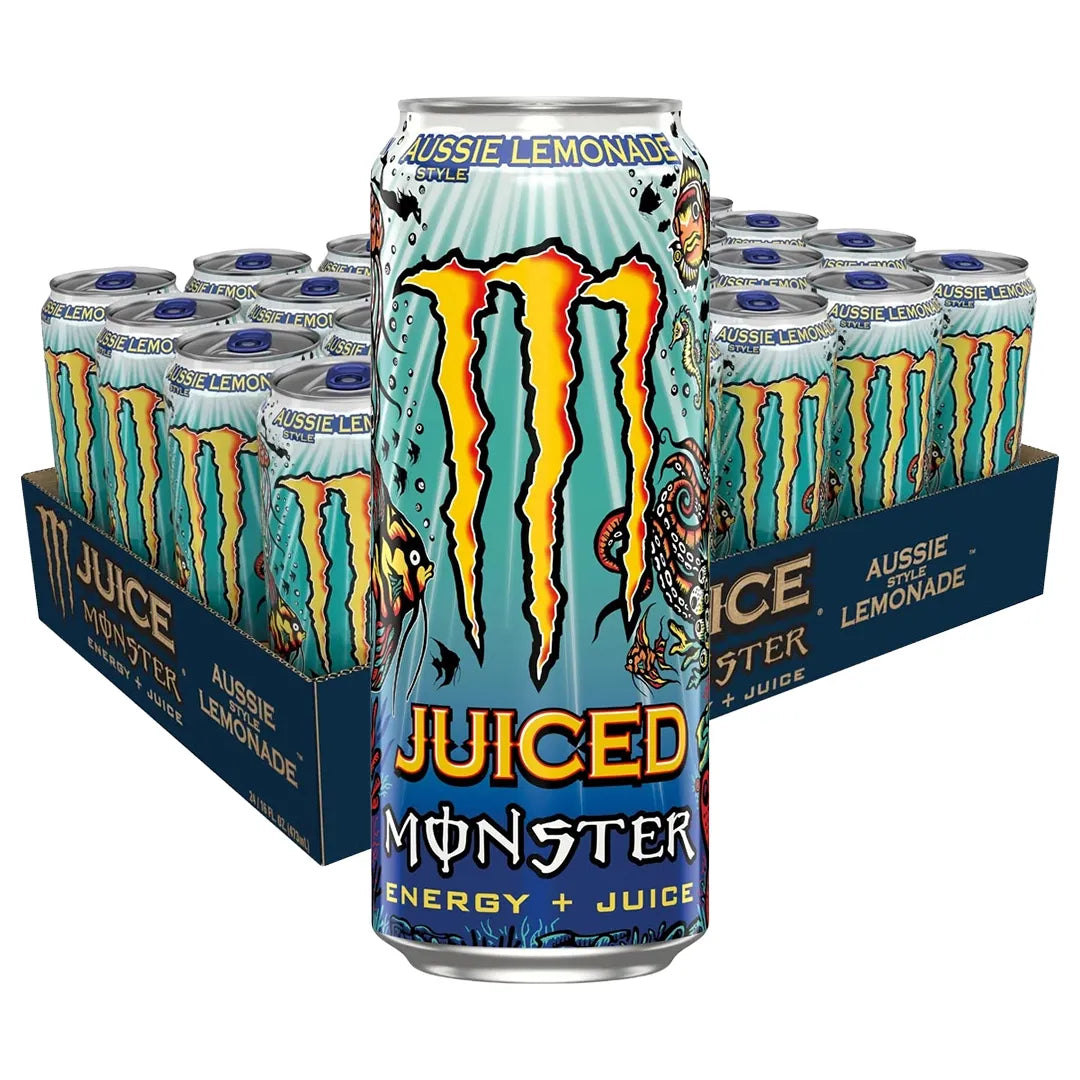 24 x Monster Energy 500 ml Aussie Lemonade tummansinisellä lavalla vaaleansinisillä meriaiheisilla tölkeillä., kuva 1/1