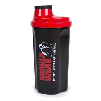 Gorilla Wear Shaker 700 ml, musta muovishakeri punaisella kannella ja logolla treenijuomien sekoittamiseen., kuva 1/1
