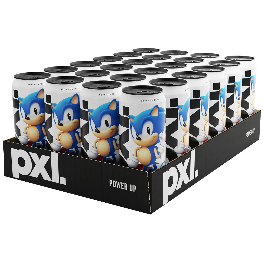 24 x PXL Energy 500 ml Sonic Cola mustassa laatikossa, jossa on valkoisia tölkkejä sinisellä Sonic-kuviolla., kuva 1/1