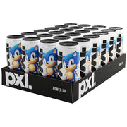 24 x PXL Energy 500 ml Sonic Cola mustassa laatikossa, jossa on valkoisia tölkkejä sinisellä Sonic-kuviolla.