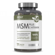 Elexir Pharma MSM + C Vitamin 120 tabs läpinäkyvässä purkissa, jossa on valkoinen etiketti, vihreitä yksityiskohtia ja hopeanvärinen kansi.