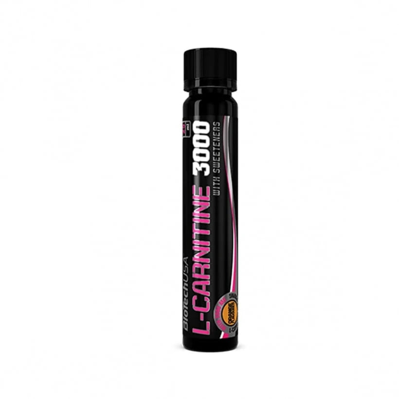 BioTechUSA L-Carnitine 3000 25 ml -aminohapposhotti mustassa ampullissa, jossa on vaaleanpunainen teksti ja oransseja makuyksityiskohtia., kuva 1/3