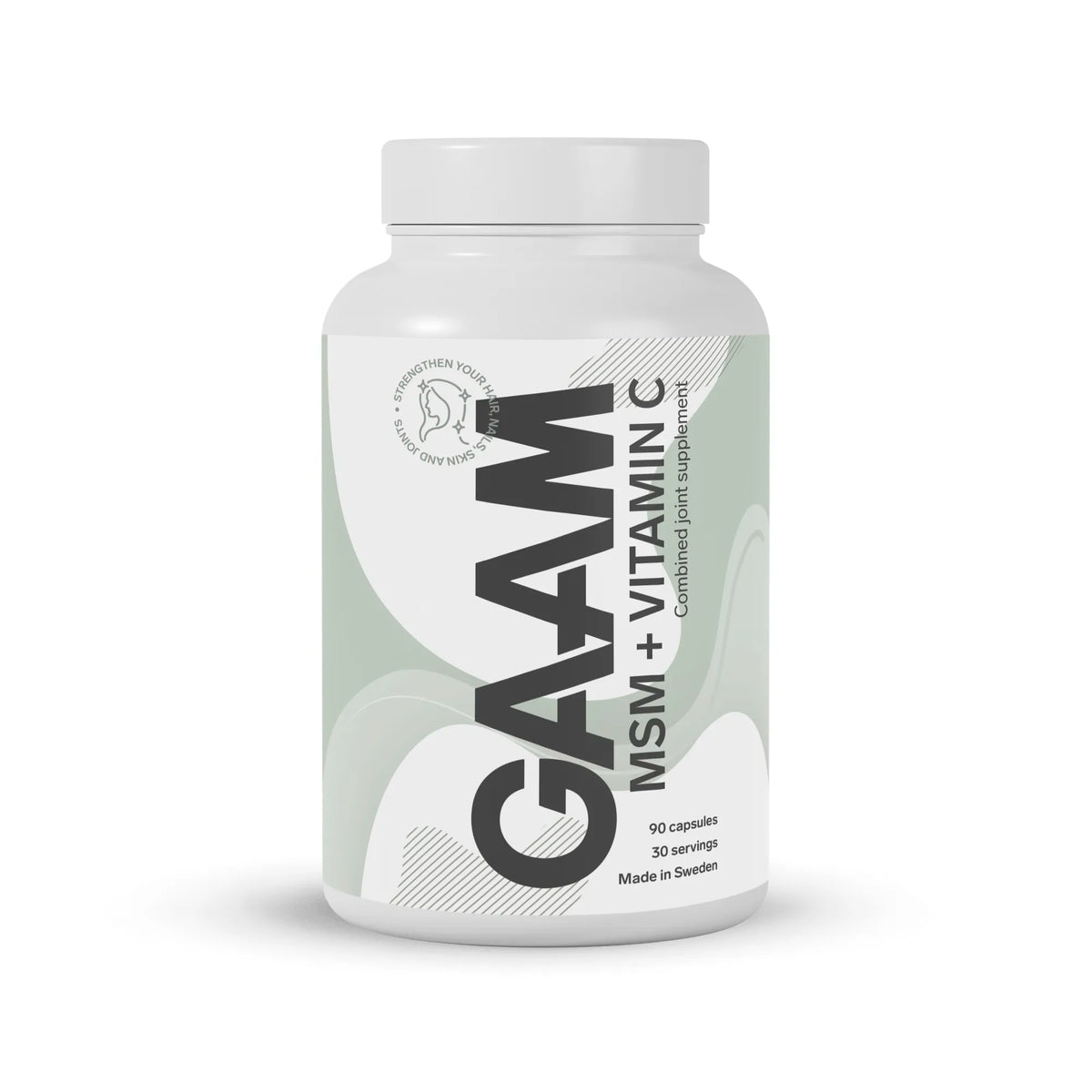 GAAM MSM + Vitamin C 90 caps -nivelravintolisä valkoisessa muovipurkissa vaaleanvihreillä yksityiskohdilla., kuva 1/1