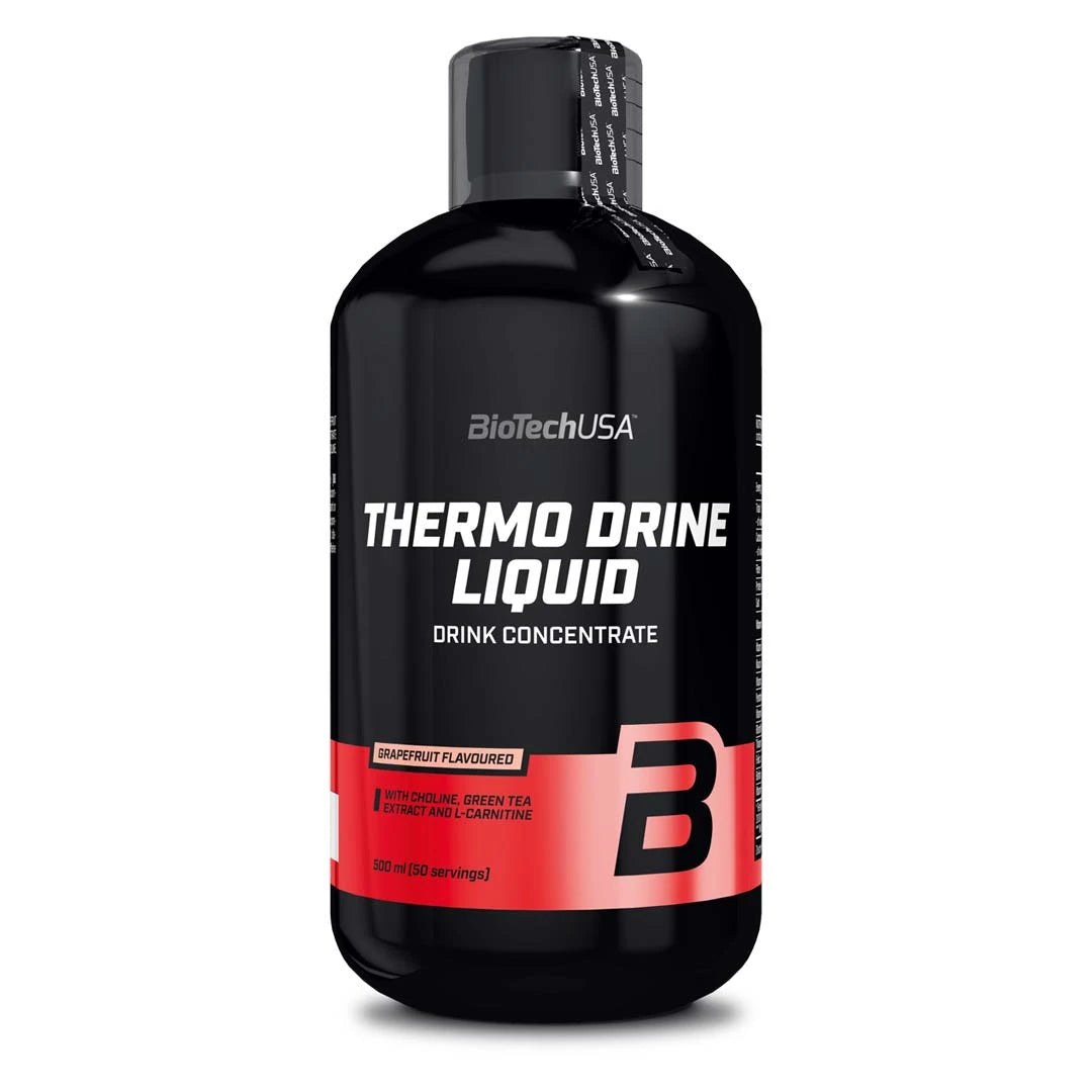 BioTechUSA Thermo Drine Liquid 500 ml -rasvanpolttaja, makuna greippi, mustassa pullossa punaisilla yksityiskohdilla., kuva 1/1